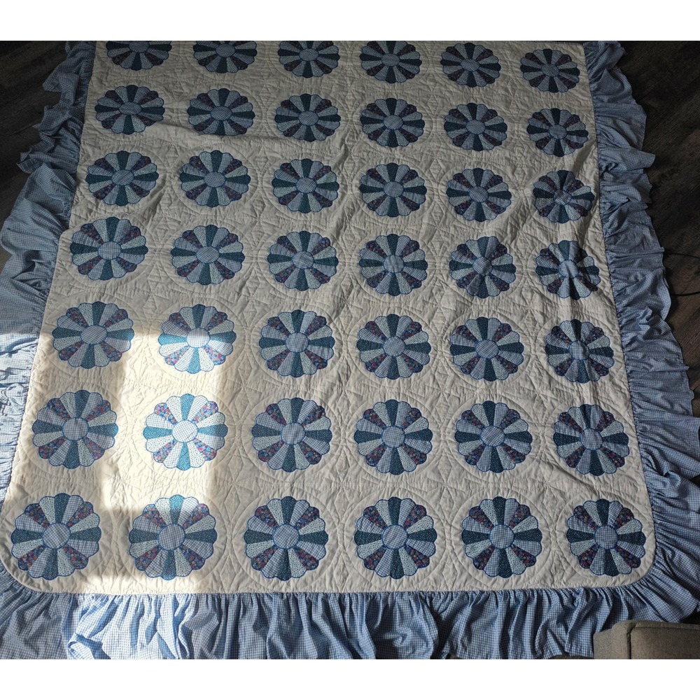 Vintage Handmade Blue Dresden Plate Quilt Ruffled Gingham Patchwork Bedspread